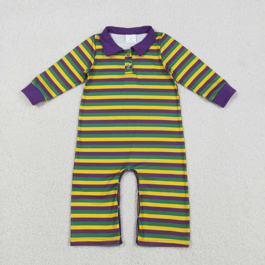 RTS NO MOQ（In Stock ) Carnival Yellow, Green, and Purple Striped Button-Up Long-Sleeve Bodysuit