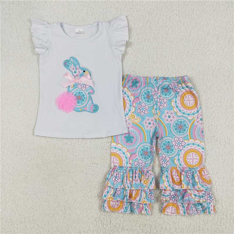 SALES NEW Baby Easter Outfit White Embroidered Bunny Capri Pants Set Girls Clothing Spring Frock Kids Ensemble
