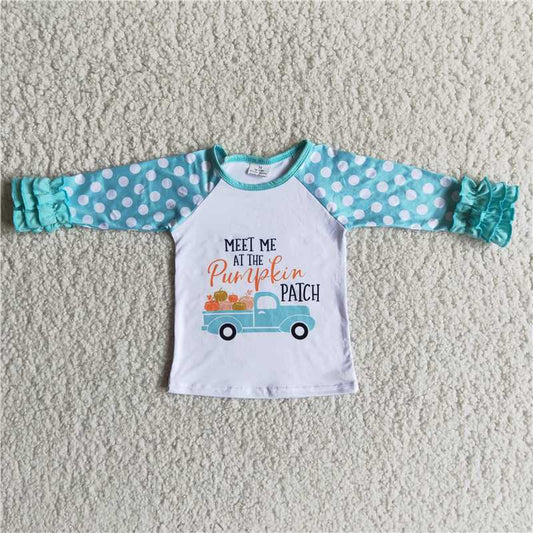 SALES  NEW Baby Girls Long Sleeve Tee Shirts Meet Me Pumpkin Tractor Blue Dots Tops for Girls