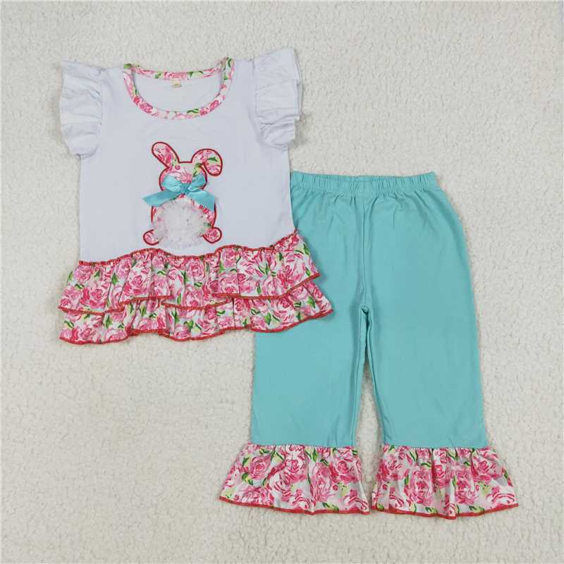 SALES NEW Baby Girls Easter Outfit Embroidered Top with Ruffles Capris Set Cute Rabbit Design for Spring Occasions