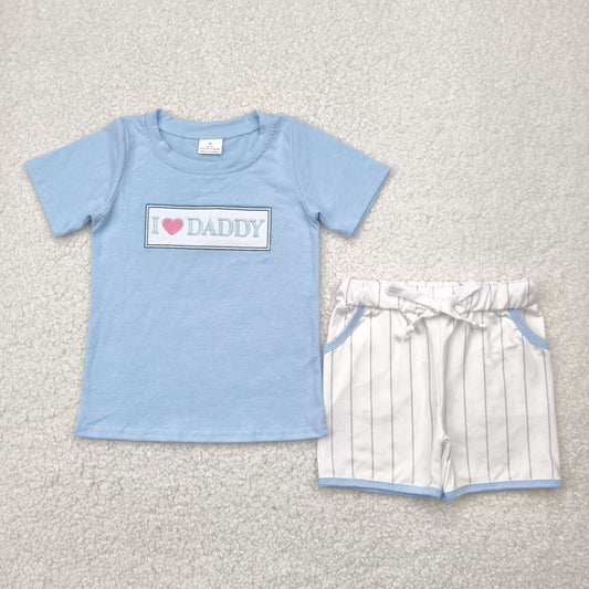 RTS NO MOQ（In Stock) Embroidered i love daddy blue short-sleeved striped shorts set