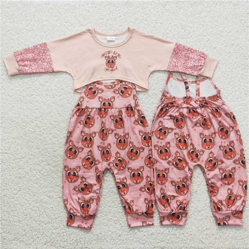 RTS NO MOQ reindeer deer champagne long-sleeved pink trousers suit