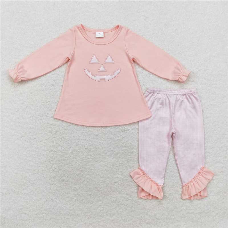 RTS NO MOQ Embroidered Pumpkin Smiley Face Long Sleeve Suit & Short Sleeve Suit
