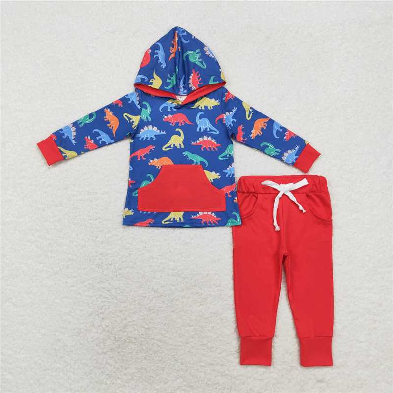 RTS NO MOQ BLP0637 Dinosaur navy blue hooded long-sleeved red trousers suit