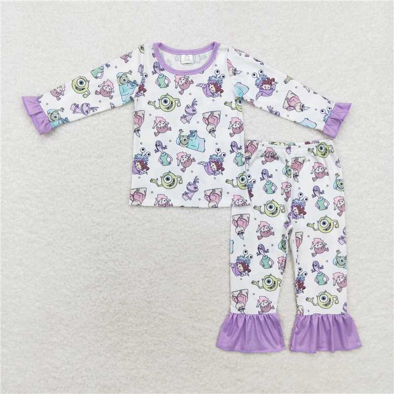 RTS NO MOQ Monsters Academy Printed Long Sleeve Set & Short Sleeve Flared Pants Set
