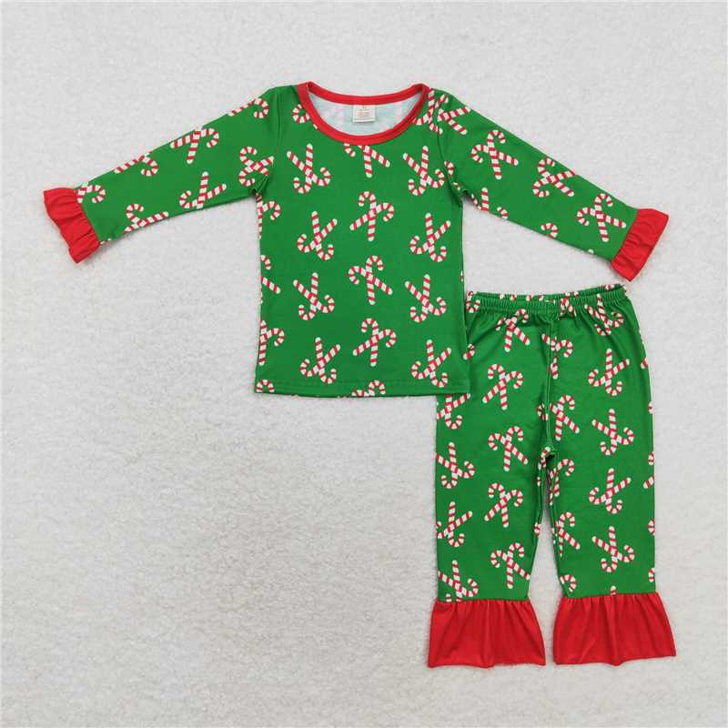 RTS NO MOQ Sibling baby girl boy clothes modal Green long-sleeved suit with red striped cane pattern & romper
