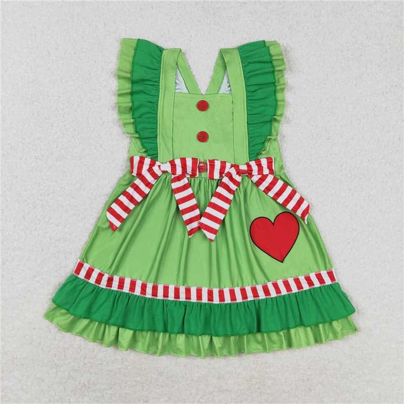 RTS NO MOQ SR1912 GSD1356 Green sleeveless romper & dress with red striped bow and heart decoration