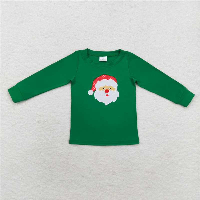 RTS NO MOQ Santa Claus Print White Pleated Round Neck Green Long Sleeve Dress & Romper & Top