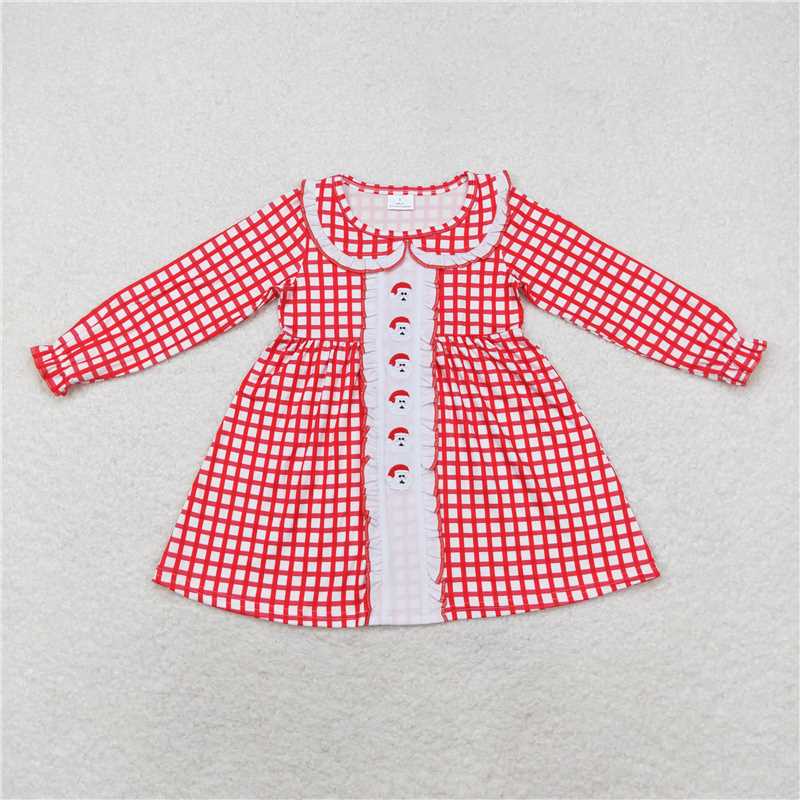 RTS NO MOQ LR1263 GLD0612 Embroidered Santa Claus Red Plaid Baby Collar Long Sleeve Dress & Romper