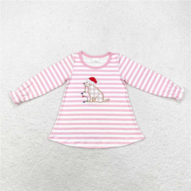 RTS NO MOQ Embroidered Christmas Puppy Boys and Girls Striped Long Sleeve Top & Climbing Suit