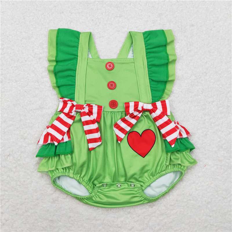 RTS NO MOQ SR1912 GSD1356 Green sleeveless romper & dress with red striped bow and heart decoration