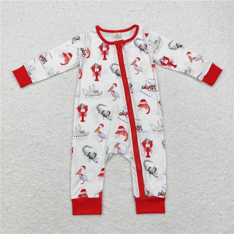 RTS NO MOQ GLD0687 LR1399 BLP0674  Red Santa Hat Crayfish-Duck Pattern White Long Sleeve Suit & Crawling Suit & Dress
