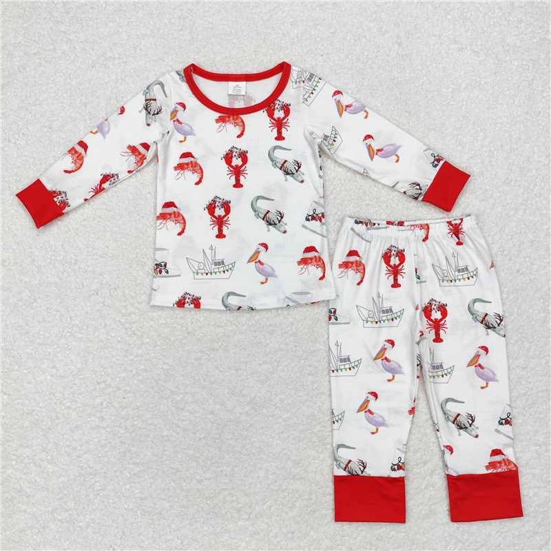 RTS NO MOQ GLD0687 LR1399 BLP0674  Red Santa Hat Crayfish-Duck Pattern White Long Sleeve Suit & Crawling Suit & Dress