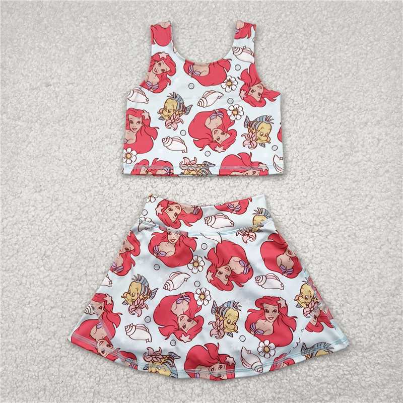 RTS NO MOQ yoga fabric GSD2354 Cute Clothes Baby Girls Sleeveless Fishes Print Top Skort Two Piece Yoga Active Clothes Sets