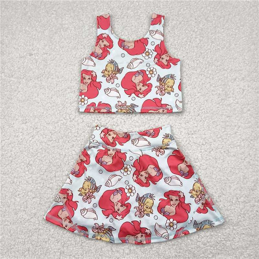 RTS NO MOQ yoga fabric GSD2354 Cute Clothes Baby Girls Sleeveless Fishes Print Top Skort Two Piece Yoga Active Clothes Sets