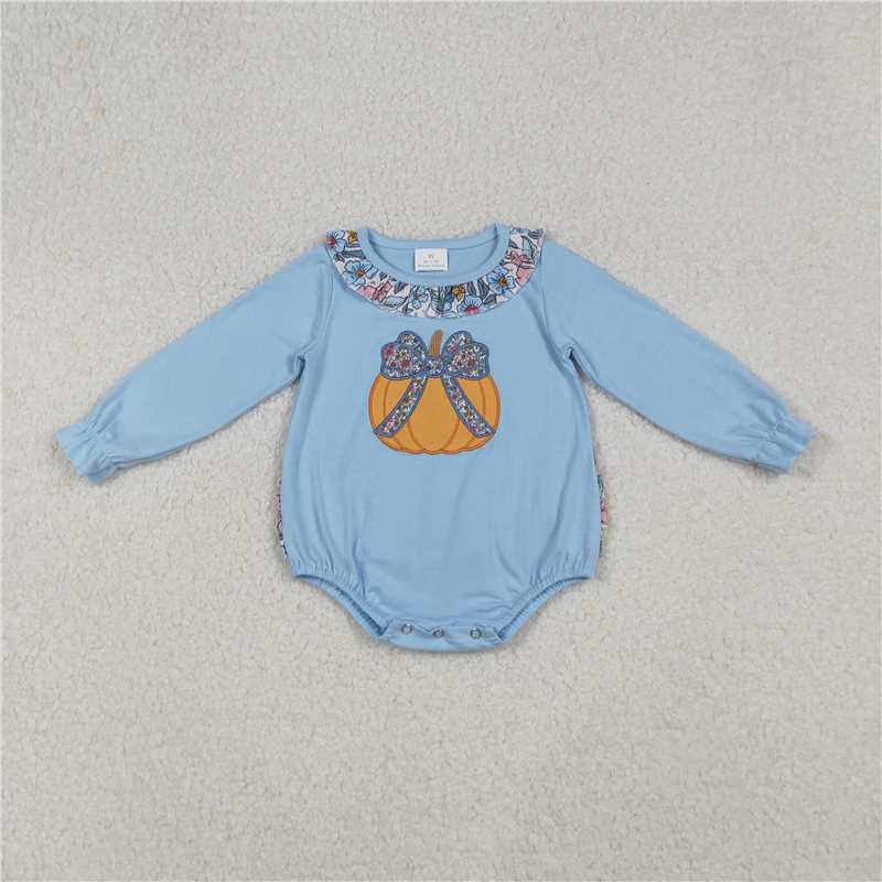 RTS NO MOQ Sibling milk silk Embroidery Baby Girls Blue Long Sleeve Pumpkin Bow Top Pant Set Romper Fall Clothes