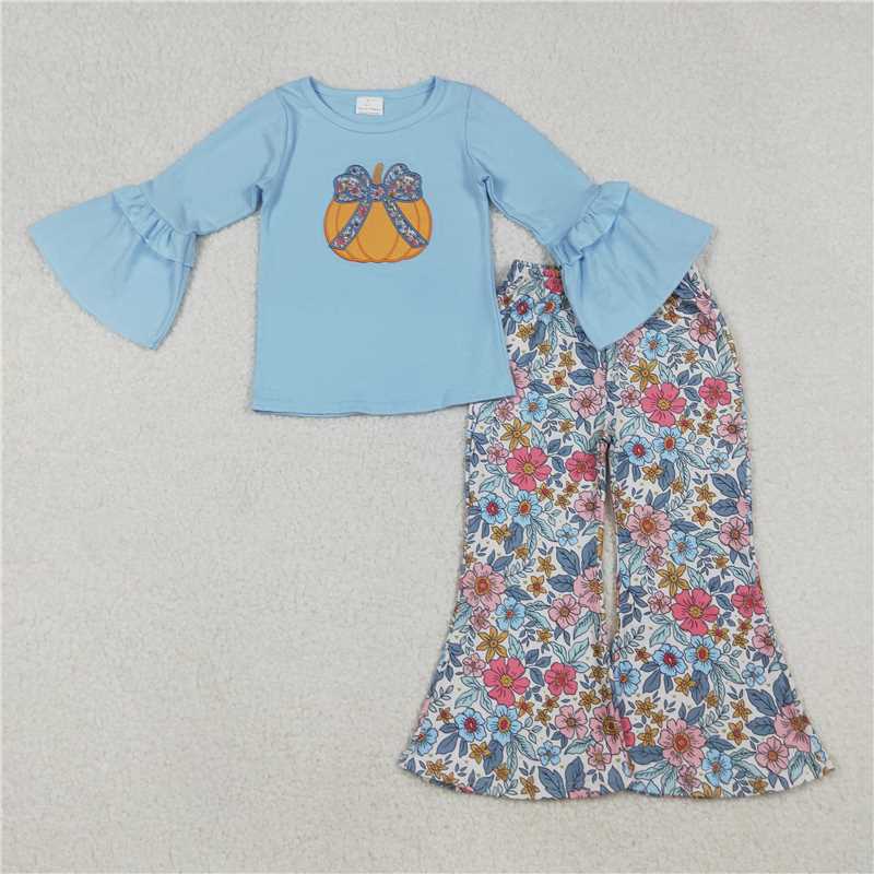 RTS NO MOQ Sibling milk silk Embroidery Baby Girls Blue Long Sleeve Pumpkin Bow Top Pant Set Romper Fall Clothes
