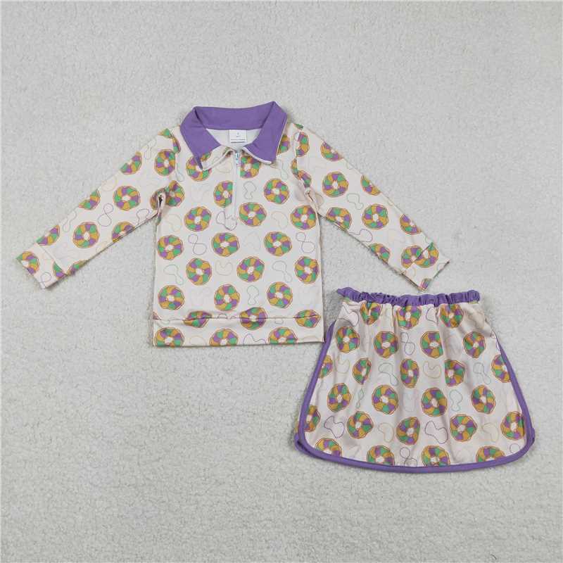 RTS NO MOQ Sibling milk silk Baby Girls Purple Long Sleeve Zip Pullovers Skirt Shorts Yoga Set