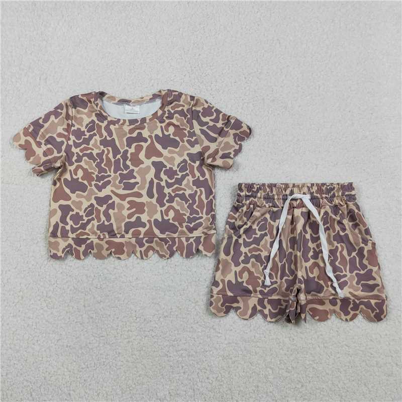 RTS NO MOQ Sibling Baby Girls Camouflage Top with Scallop Shorts Outfit Set
