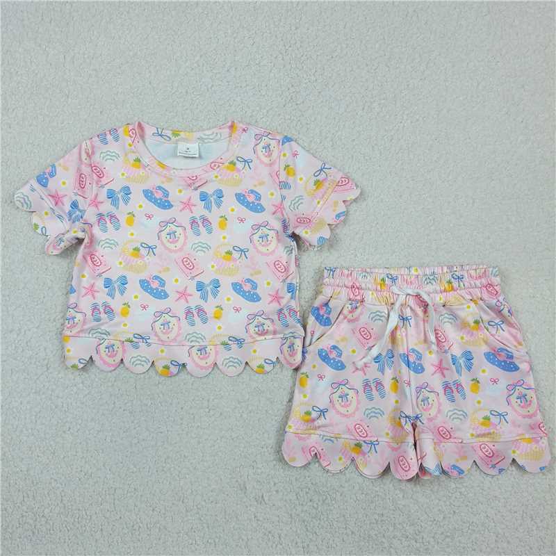RTS NO MOQ Sibling milk silk Baby Girls Cute Colorful Flowers Scallop Edge Short Sleeve Clothes Set