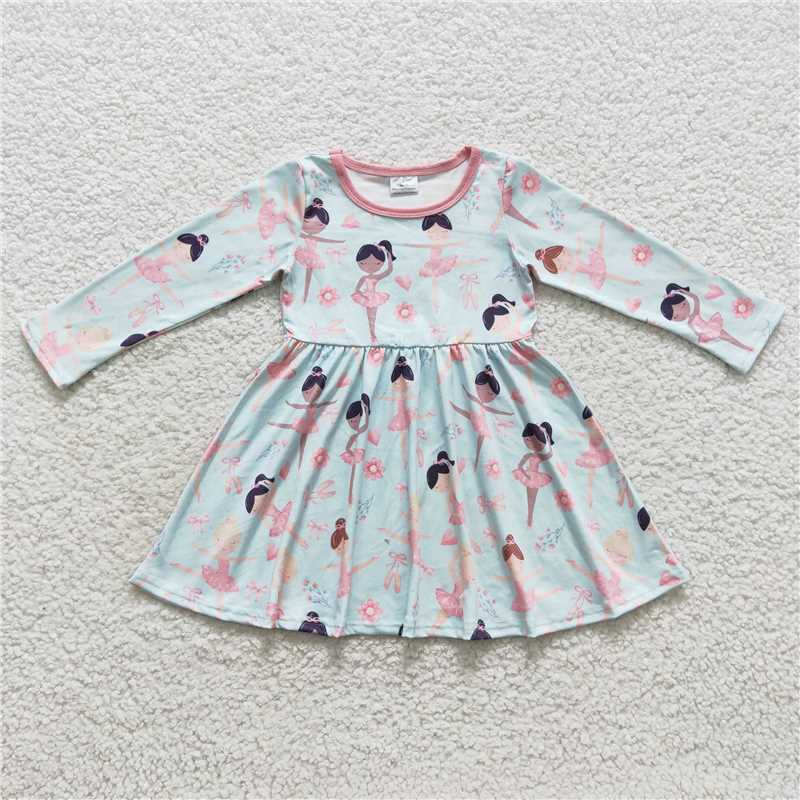 RTS NO MOQ  GLD0309 GLP0647 Dancing Girl Printed Light Green Long Sleeve Suit & Long Sleeve Dress
