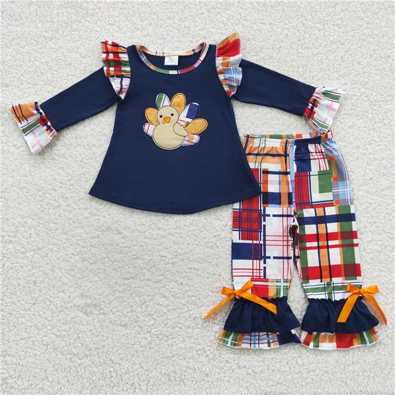 RTS NO MOQ GLP0472 BLP0191 Dark blue long-sleeved suit with embroidered turkey pattern