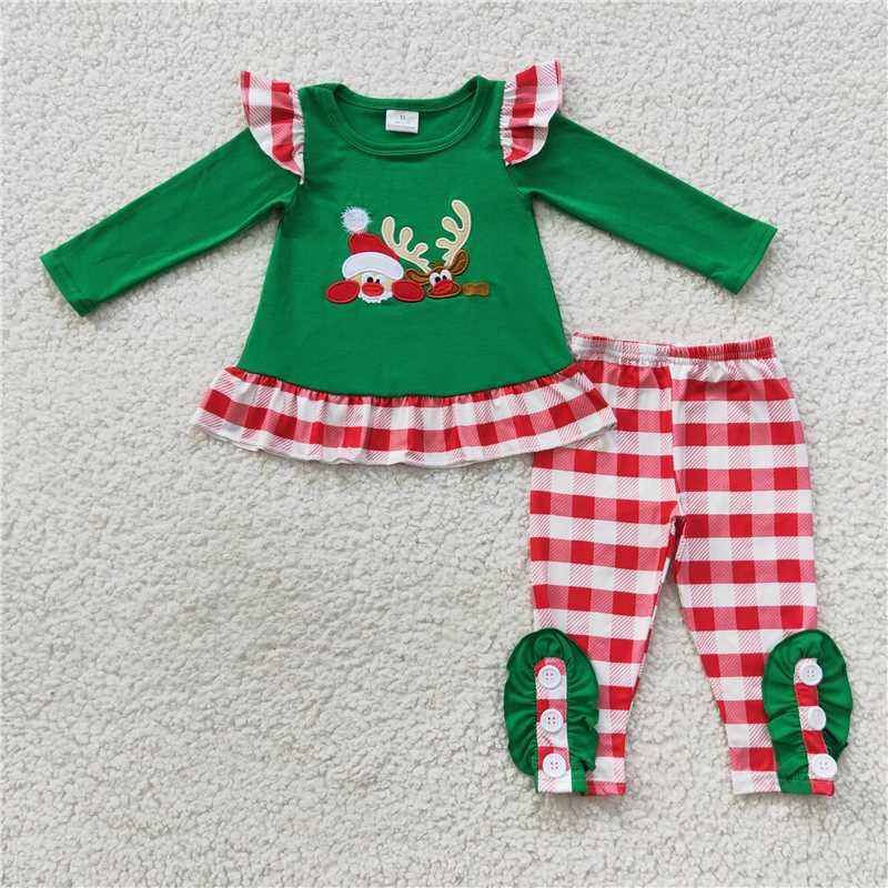 RTS NO MOQ GLP0507 Embroidered Santa Claus reindeer plaid lace green long-sleeved trousers suit