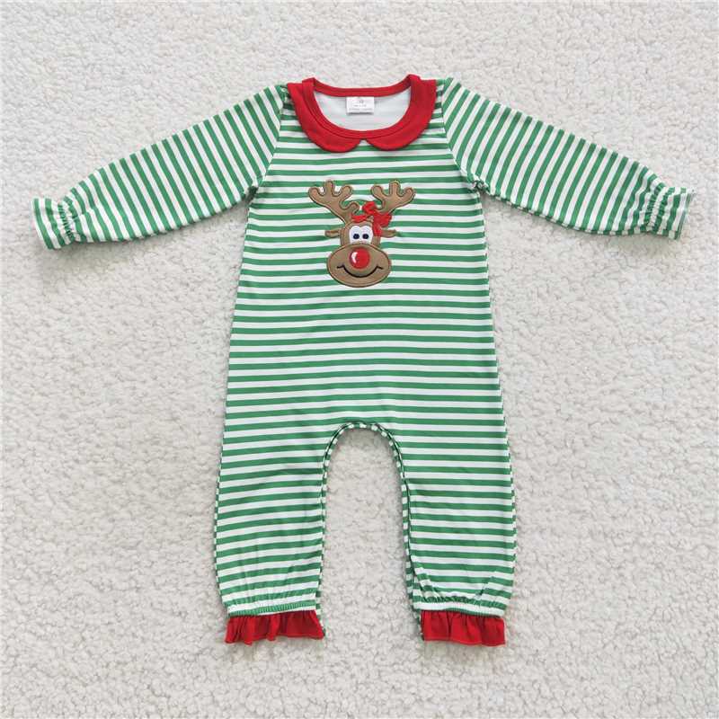 RTS Embroidered elk green striped Christmas long-sleeved red trousers christmes Embroidered