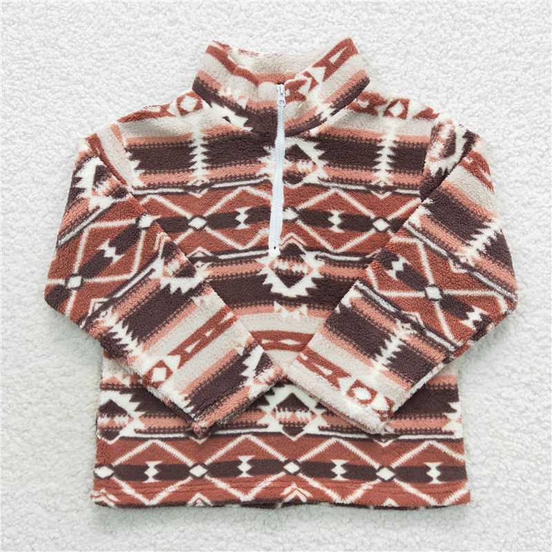 RTS NO MOQ aztec geometric red brown zip up fleece jacket BT0355