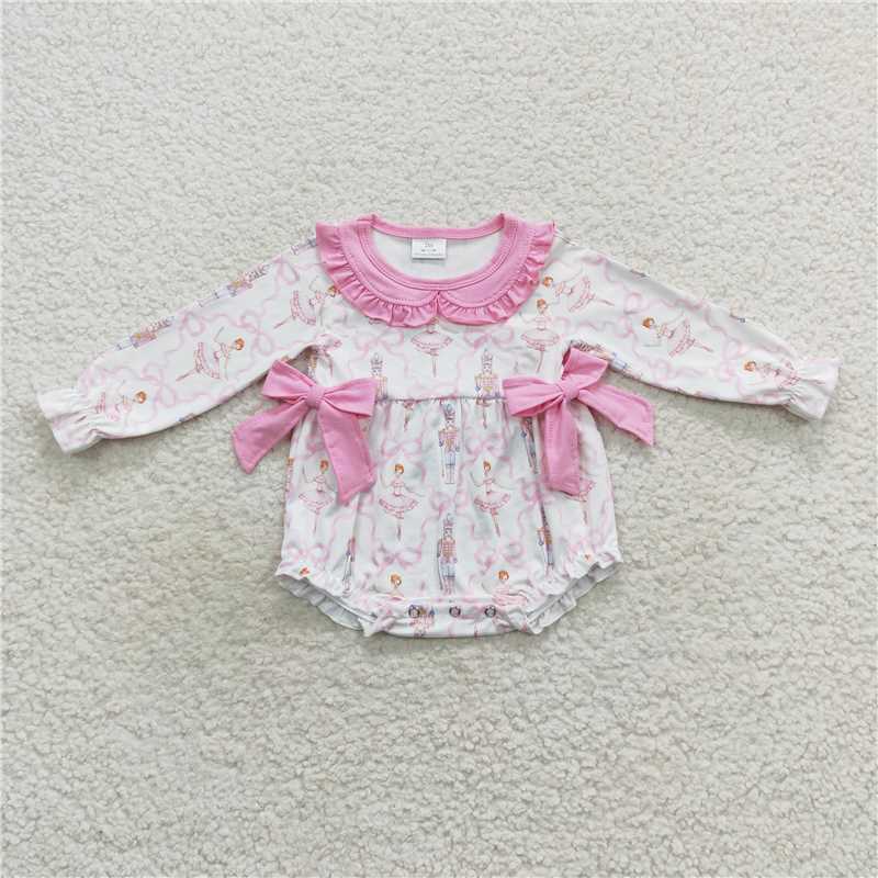RTS NO MOQ Sibling Girl Print Pink Bow Collar Long Sleeve Pant Clothes Sets Christmas Ruffle Rompers