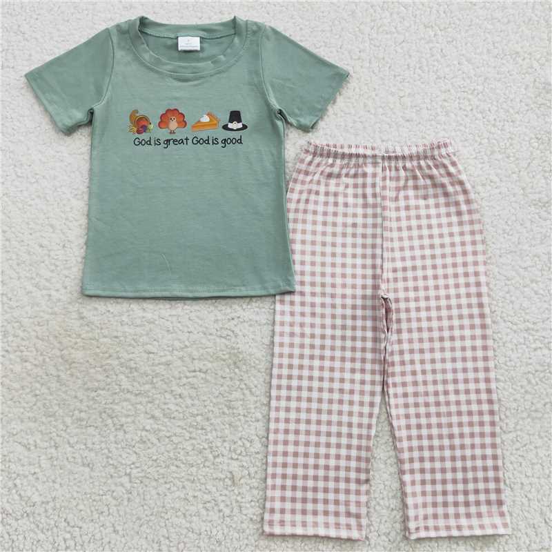 RTS Sibling baby boy girl clothes cotton fabric with viny  god is great offset turkey pocket green short god is great offset turkey plaid bow green short-sleeved jumpsuit