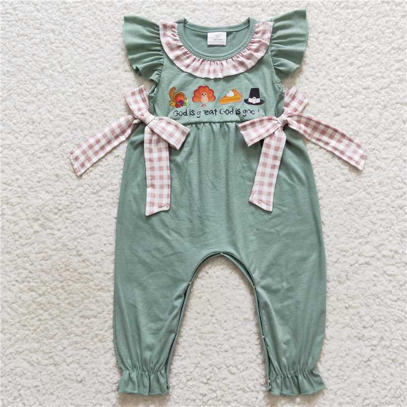 RTS Sibling baby boy girl clothes cotton fabric with viny  god is great offset turkey pocket green short god is great offset turkey plaid bow green short-sleeved jumpsuit