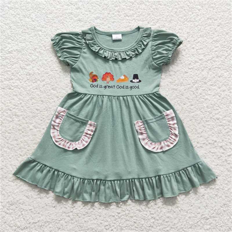 RTS Sibling baby boy girl clothes cotton fabric with viny  god is great offset turkey pocket green short god is great offset turkey plaid bow green short-sleeved jumpsuit