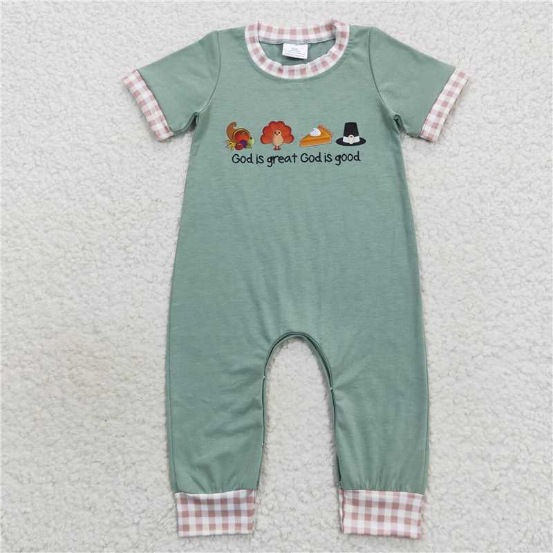 RTS Sibling baby boy girl clothes cotton fabric with viny  god is great offset turkey pocket green short god is great offset turkey plaid bow green short-sleeved jumpsuit