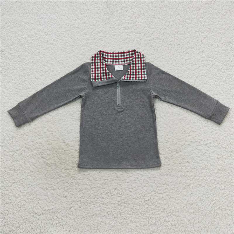 RTS NO MOQ BT0282 BT0285 BT0283 Grey plaid zip-up collar long-sleeved pullover top