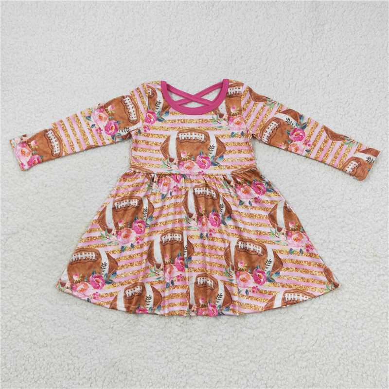 SALES NEW Baby Girls Pink Football Flowers Long Sleeve Dress Cute Infant Girl's Fashion Outfit