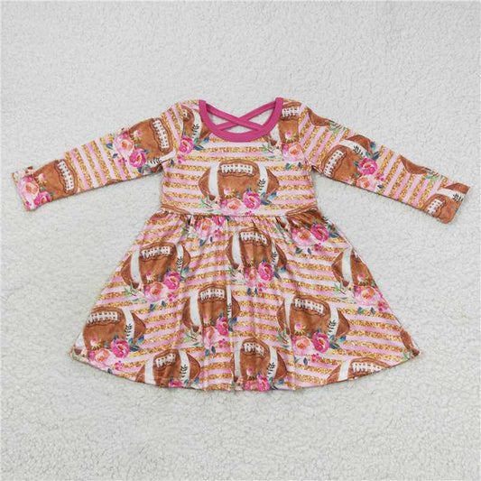 SALES NEW Baby Girls Pink Football Flowers Long Sleeve Dress Cute Infant Girl's Fashion Outfit