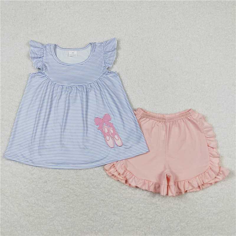 RTS NO MOQ Embroidered pink ballet shoes blue striped flying sleeves long-sleeved suit & short-sleeved shorts suit & climbing suit