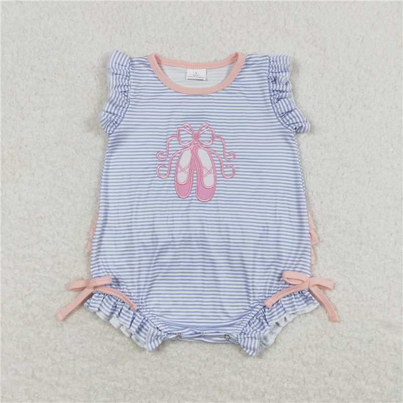 RTS NO MOQ Embroidered pink ballet shoes blue striped flying sleeves long-sleeved suit & short-sleeved shorts suit & climbing suit