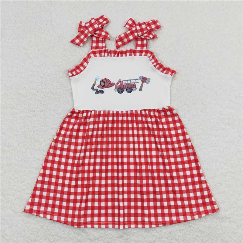 RTS	  Fire Engine Red and White Plaid Lace Slip Dress Sibling Sister Clothes