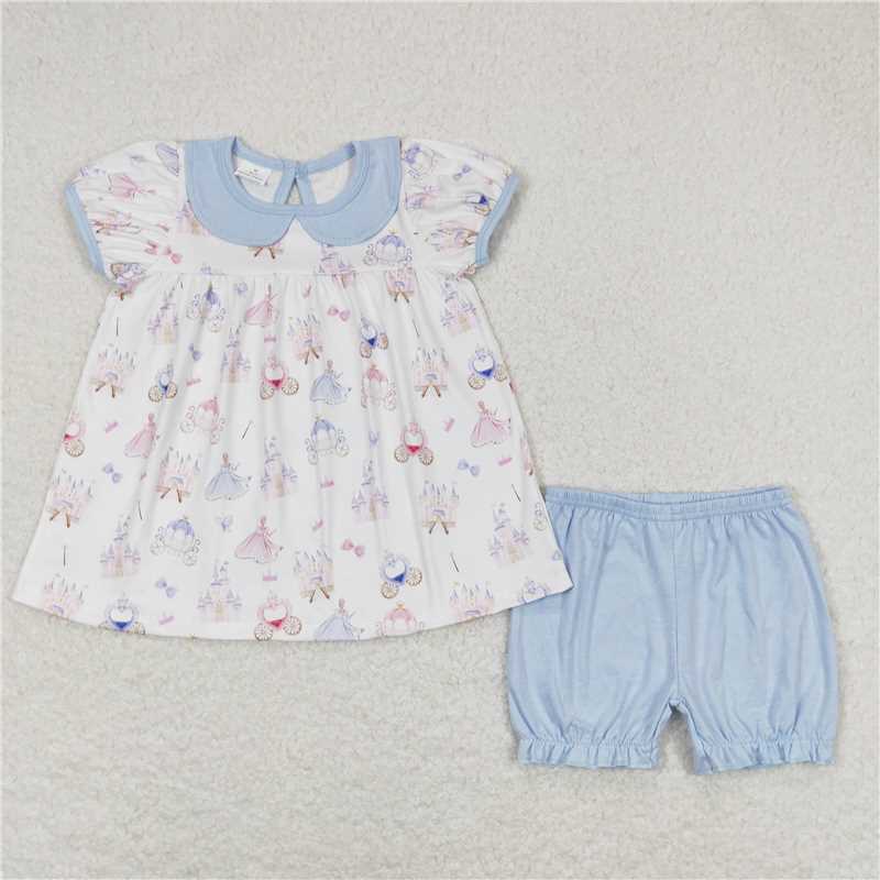 Cute Clothes GSSO1046 Baby Girls White Tunic Ruffle Blue Shorts Clothes Sets