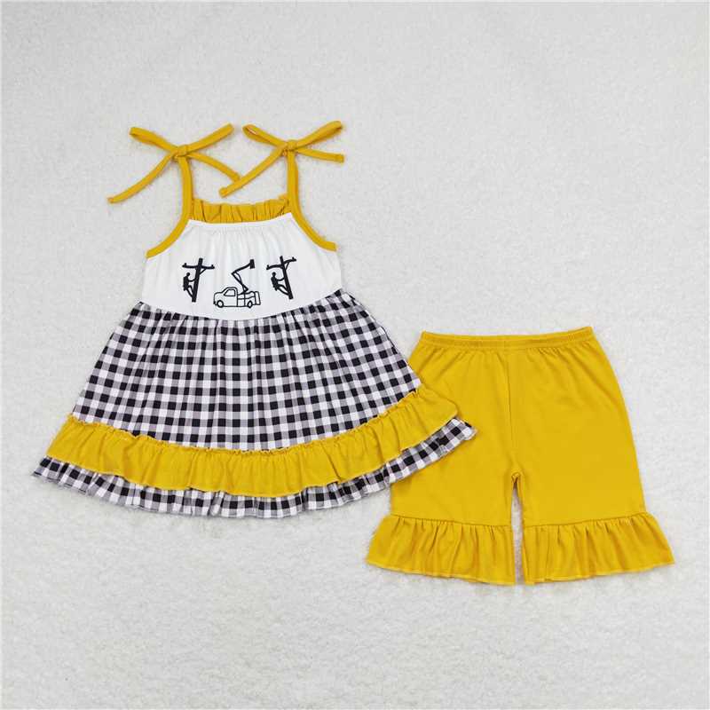 RTS NO MOQ Pole maintenance worker pattern short-sleeved shorts suit & romper