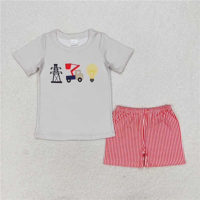 rts no moq BSSO0632 Grid Light Bulb Short Sleeve Red Striped Shorts Set