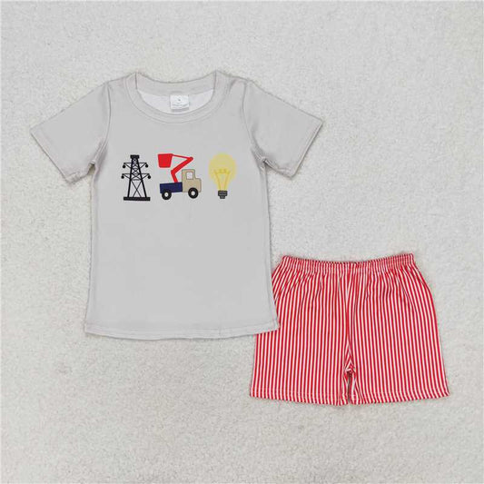 rts no moq BSSO0632 Grid Light Bulb Short Sleeve Red Striped Shorts Set