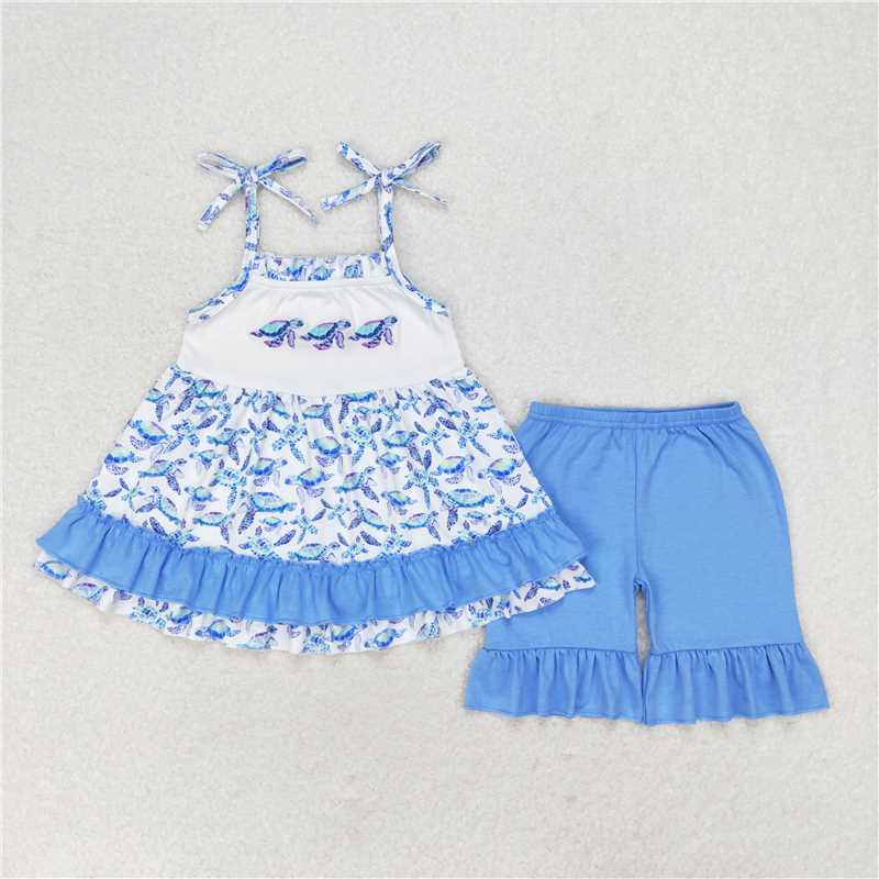 RTS RTS NO MOQ GSSO1241  GSD1233 BSSO0916 Embroidered turtle blue lace white suspender shorts set match clothing
