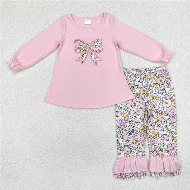 RTS NO MOQ Sibling baby girl clothes Embroidered flower bow pattern pink long-sleeved pant set and romper