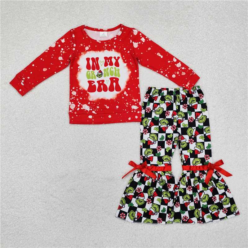 RTS NO MOQ Sibling baby girl clothes Christmas Long Sleeve Top-Bow Flared Pants Set