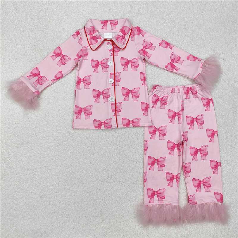 RTS NO MOQ Sibling Baby Girls bow Pink Plush Button Long Sleeve Long Pants Pajama Sets