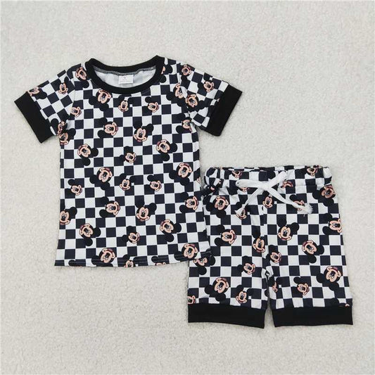 Cute Clothes  GSSO2233 Black and white checkered short-sleeved shirt and shorts set