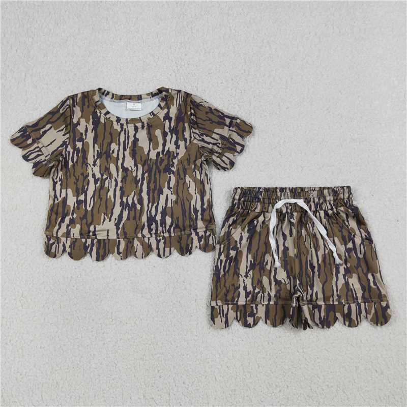 RTS NO MOQ Sibling Baby Girls Camouflage Top with Scallop Shorts Outfit Set